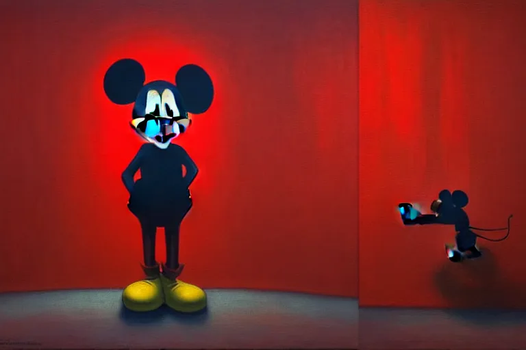 Image similar to only with red, red mickey mouse donald duck and goofy steal art paintings, in a museum contemporary art, in the style of beksinski, parts by edward hopper, parts by rodcenko, parts by yue minjun, intricate and epic composition, red by caravaggio, insanely quality, highly detailed, masterpiece, red light, artstation, 4 k