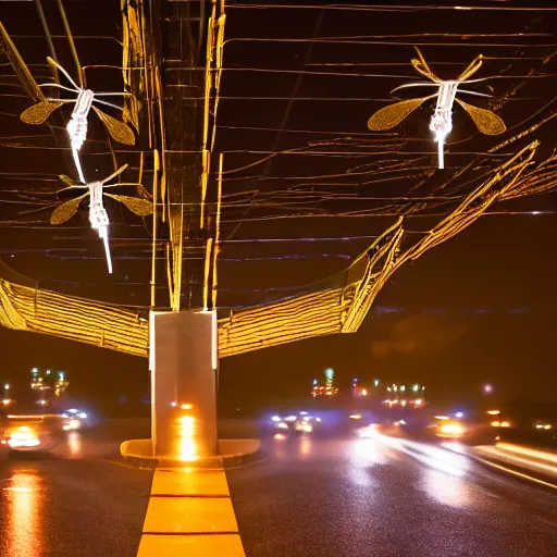 Prompt: dslr photo freeway photo at night, dragonflies create the lights, very high quality lights, intricate details, extremely high quality, moody lighting, real camera, real photo, slow - shutter, 8 k, full subject in shot