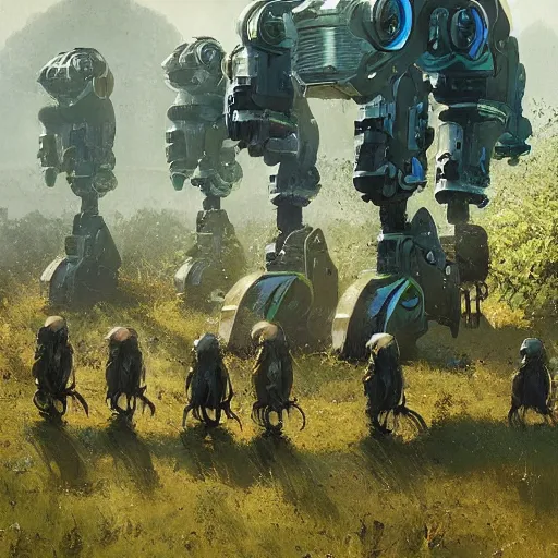 Prompt: hitech green antropomorphic robots in a reservation by Greg Rutkowski, ultra detail, cinematic style