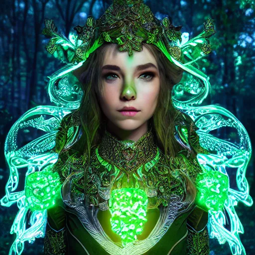 Image similar to portrait elf of the forest, glowing, ornate and intricate green jewelry, jaw dropping beauty, glowing background lighting, green accent lighting, hyper detailed, fairy tale, 4 k octane render