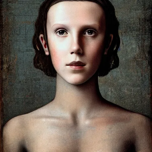 Image similar to Portrait of cyborg Millie Bobby Brown by Leonardo Da Vinci