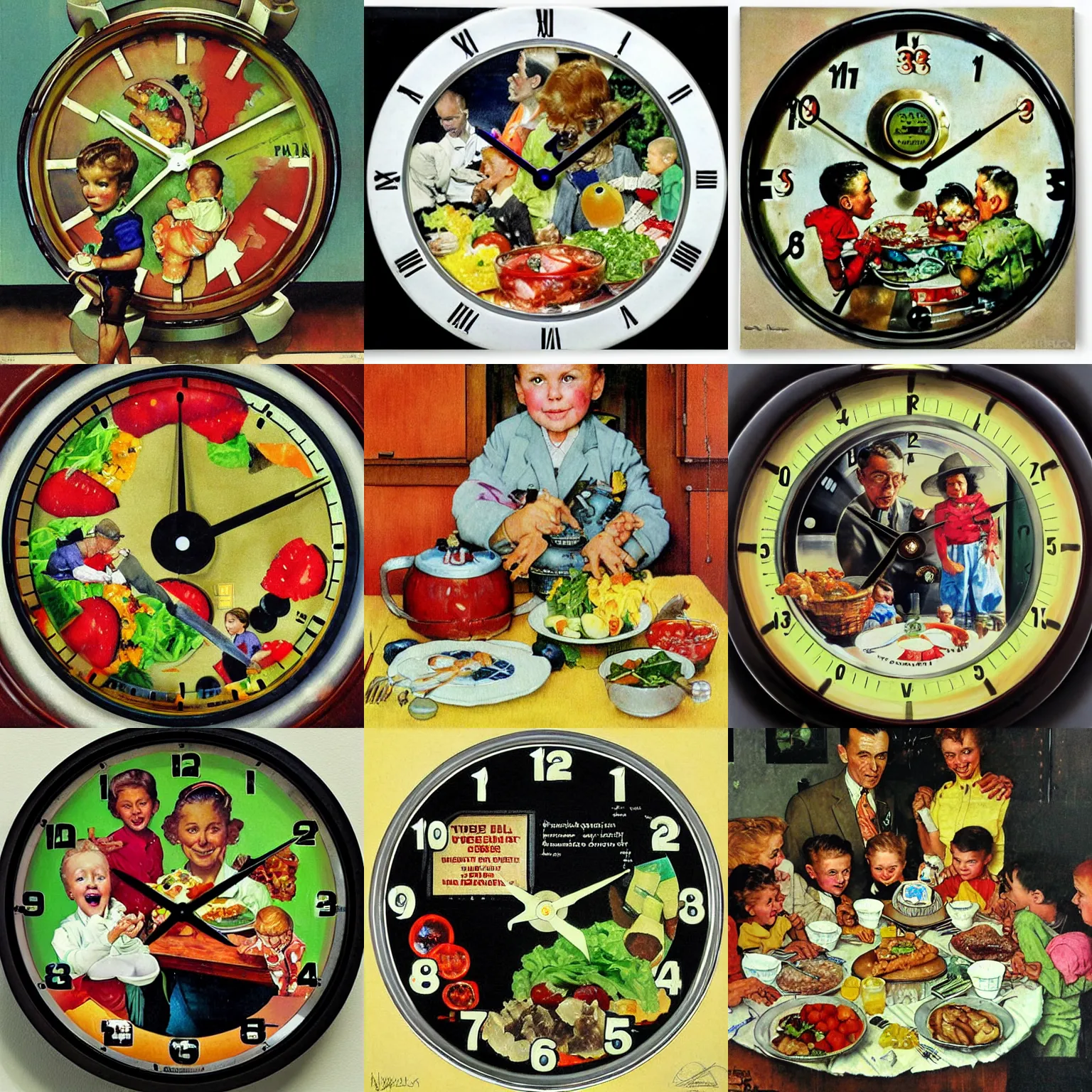 Prompt: paula deens radioactive watch dial salad, a sunday brunch with family painting by norman rockwell