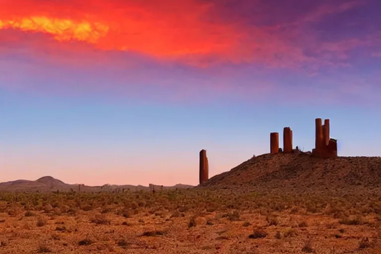 Prompt: very dry ground, desert, cracked, big tower in the background, red sky, fire in the background, award - winning, ethereal, dreamy, realistic