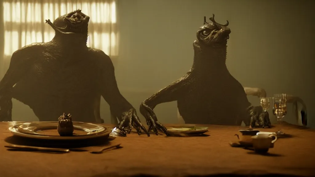 Prompt: a strange creature sits at a table, film still from the movie directed by Denis Villeneuve with art direction by Richard Corben wide lens