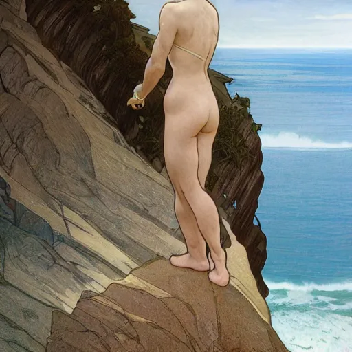 Image similar to a person standing on a cliff, looking out at the ocean, by artgerm and greg rutkowski and alphonse mucha and william