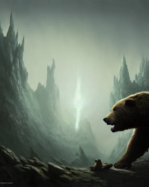 Image similar to Giant Bear scared of mouse, medium shot, D&D, artstation, fantasy, magic the gathering artwork, cinematic lighting, centered, symmetrical, highly detailed, digital painting, , concept art, smooth, sharp focus, illustration, volumetric lighting, epic Composition, 8k, art by Akihiko Yoshida and Greg Rutkowski and Craig Mullins, oil painting, cgsociety