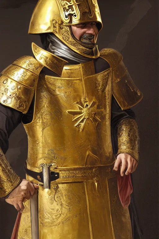 Image similar to man looking forward in decorated with gold baroque style christian crusader armor, cylindrical helmet covering all his face decorated with golden cross on front it's front end and white cape covering half of his body standing at the gates of jerusalem drawn by greg rutkowski realistic high detail