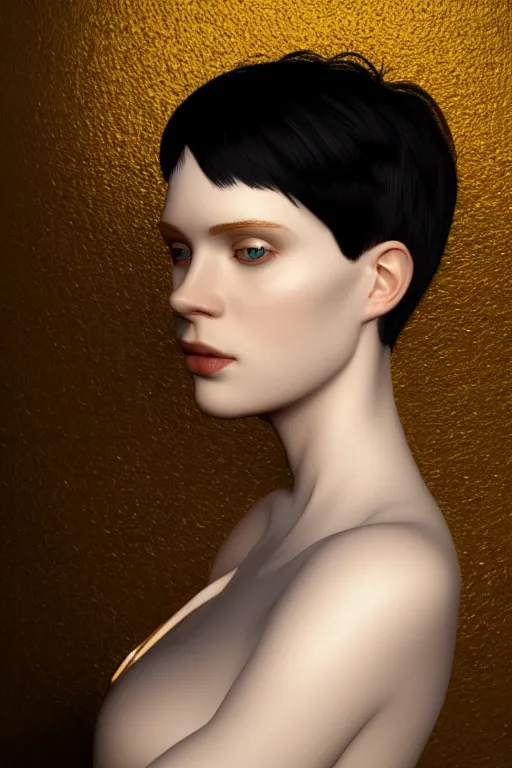 Image similar to Portrait of a beautiful pale skin Nordic female with short black hair, elegant, photorealistic, highly detailed, artstation, smooth, sharp focus, gold ornaments, neon lighting, sci-fi, art by Klimt.