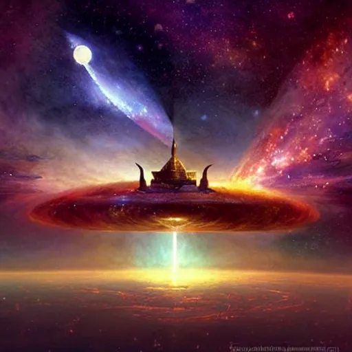 Prompt: The golden city of New Jersualem in the clouds, the orion nebula in the sky, nebula, fantasy city, fantastical architecture, divine, holy, art by Stephan Martinière, Martinière artwork, fantasy, beautiful, HD