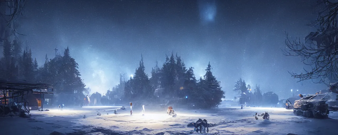Prompt: winter nights with clear sky and stars and milky way galaxy 8 k uhd, unreal engine, octane render in the artstyle of finnian macmanus, john park and greg rutkowski