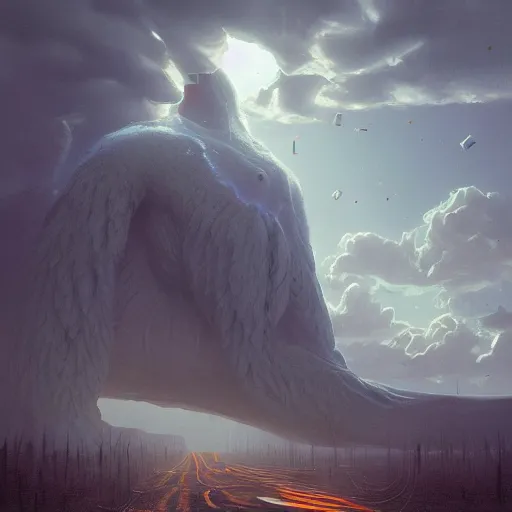 Prompt: a digital painting of a gigantic big enormous humanoid monster standing in the sky, concept art by simon stalenhag and peter mohrbacher cgsociety, vanitas, ominous, lovecraftian, speedpainting, weirdcore. hyper - realistic. photorealistic. octane render. intricate detailed masterpiece. extreme wide shot. realistic shading cinematic dynamic lighting. hdr. ray tracing