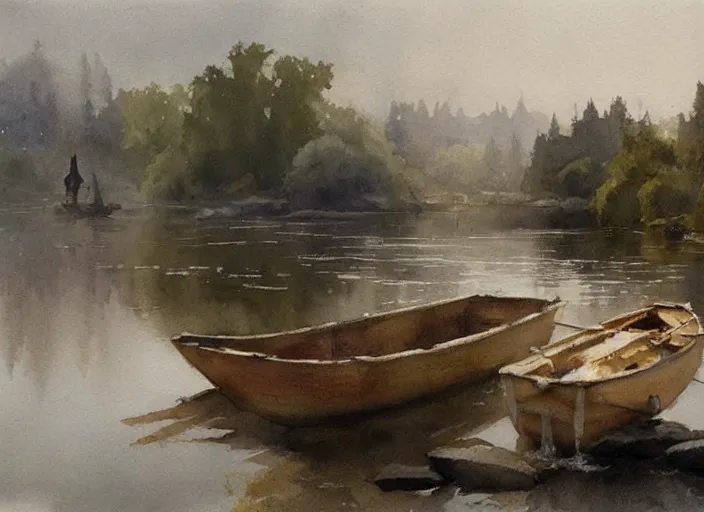 Image similar to watercolor of calm river with wooden boat, stone bridge, art by anders zorn, wonderful masterpiece by greg rutkowski, beautiful cinematic light, american romanticism by greg manchess, creation by tyler edlin