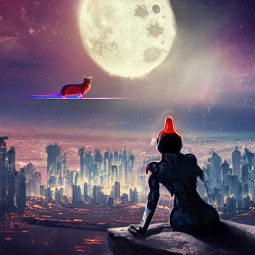 Image similar to A cyborg lady with her cat standing on her shoulders, standing on a cliff looking down at a futuristic city, with the atmosphere colored pale red, with dust particles and grains of wind blowing, and the moon is closely seen in the sky.