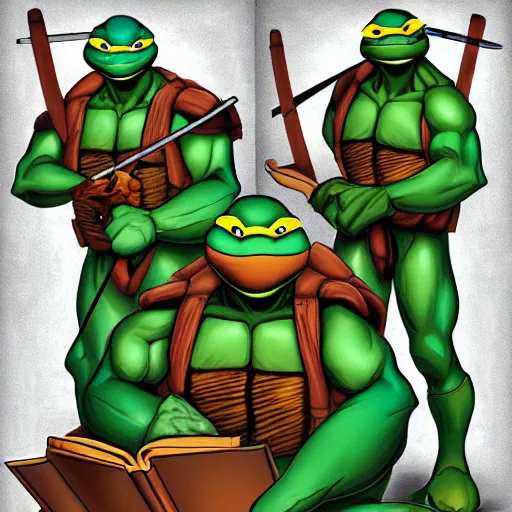 Image similar to digital artwork of Teenage Mutant Ninja Turtles reading the bible, trending on artstation