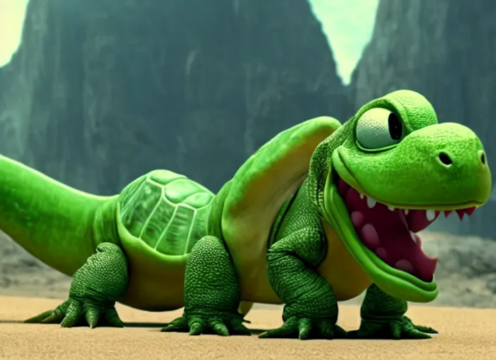 Image similar to film still of yoshi in the new sci - fi movie, cute upright dinosaur with a small turtle shell and long tongue, 8 k