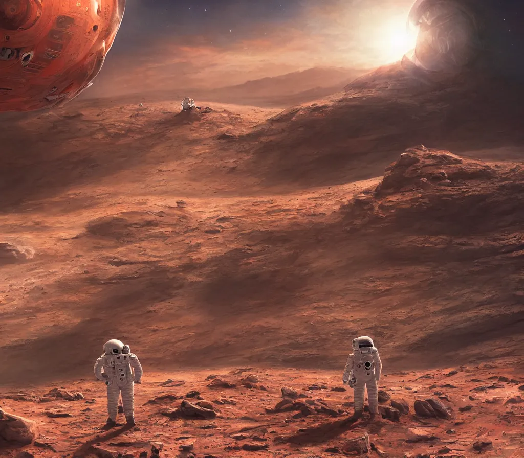 Prompt: Detailed photo of an astronaut seen from behind, he is standing on top of mount Venus on Mars, he is watching the Starship Super Heavy landing at the background, by Jordan Grimmer, digital art