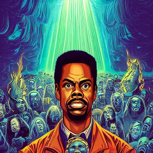 Prompt: the second coming of chris rock, by dan mumford and ross tran, cosmic, terrifying, demon rays, intricate detail, cinematic, 8 k, cel shaded, unreal engine, featured on artstation, pixiv