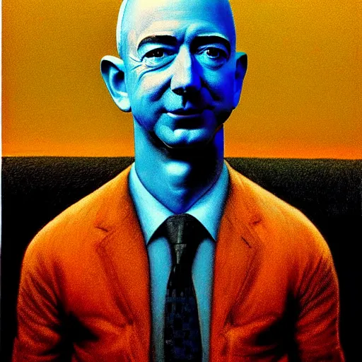 Image similar to Jeff Bezos as a burger in the style of Beksinski