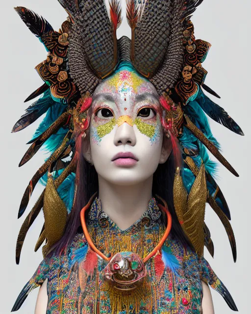 Image similar to mikami yua 3 d warrior goddess medium shot portrait. beautiful hyperrealistic intricate highly detailed magpie helm and richly embroidered blouse, quetzalcoatl, bioluminescent, curious, kintsugi, plasma, lava, ice, feather, artwork by tooth wu and wlop and chiara bautista, octane 3 d render