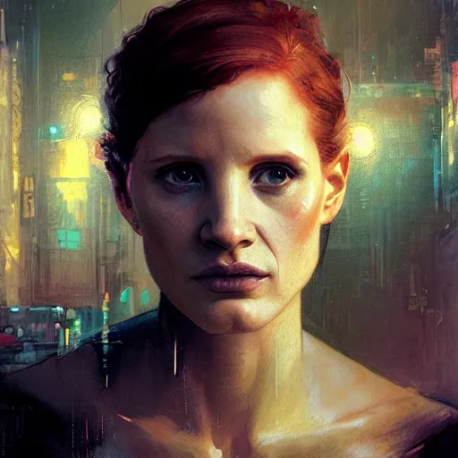 Image similar to jessica chastain, hyperrealistic portrait, bladerunner street, art of elysium by jeremy mann and alphonse mucha, fantasy art, photo realistic, dynamic lighting, artstation, poster, volumetric lighting, very detailed face, 4 k, award winning