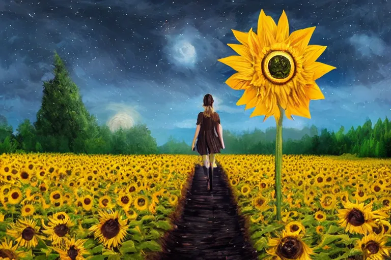 Image similar to giant sunflower as a head, girl walking between trees, hills, surreal photography, dark night, star trails, dramatic light, impressionist painting, clouds, digital painting, artstation, simon stalenhag