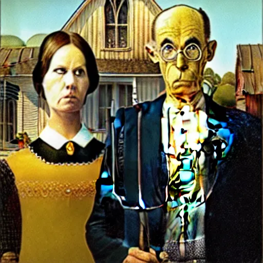 Prompt: nite - owl and silk spectre standing behind the owlship in the style of american gothic by grant wood, nite - owl, silk spectre, owlship, american gothic