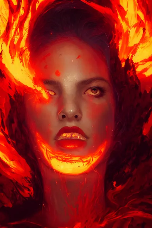 Image similar to a head and shoulder portrait of a goddess women engulfed in deep coloured flames by Greg Rutkowski, Sung Choi, Mitchell Mohrhauser, Maciej Kuciara, Johnson Ting, Maxim Verehin, Peter Konig, Bloodborne , 8k photorealistic, cinematic lighting, HD, high details, atmospheric , trending on artstation