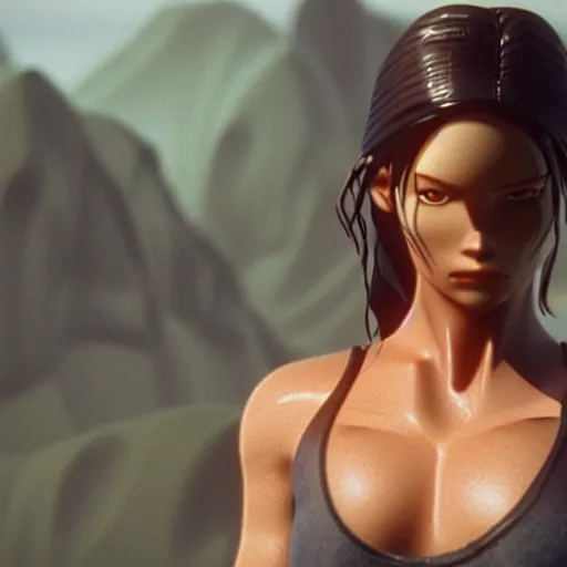 Image similar to 35mm film still of Lara Croft, figure portrait