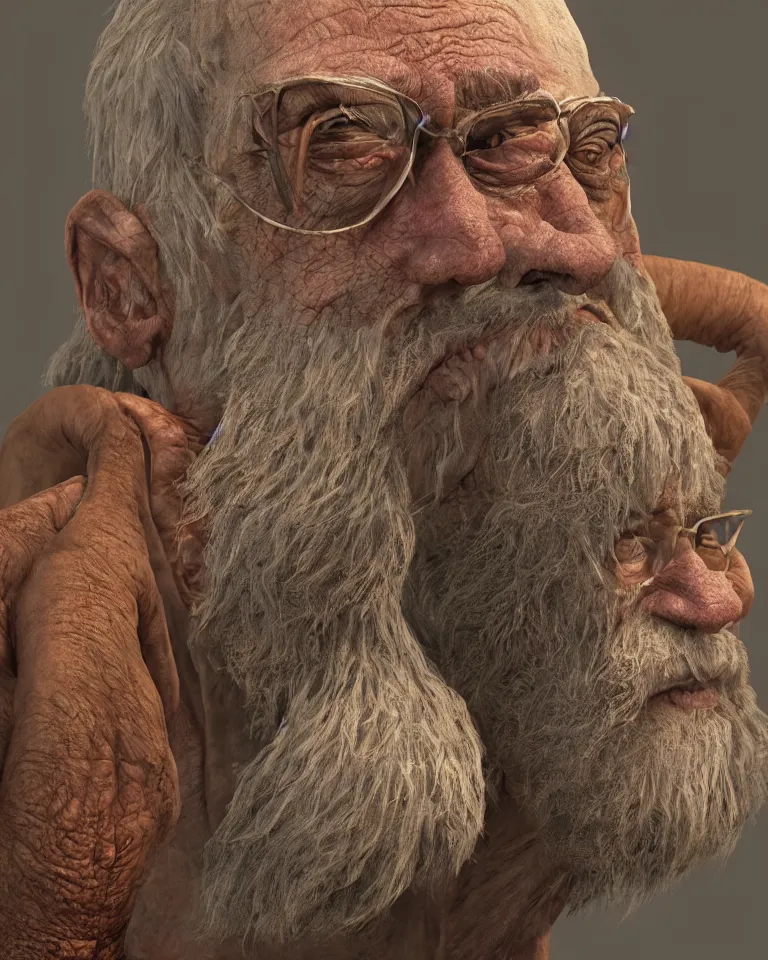 Prompt: A highly detailed portrait 3D render of a singular craggly old man. Wise, gaunt, ancient, smiling. ZBrush, Blender. Trending on cgsociety. Dramatic lighting. Beautiful. Colorful. By Mark Mann and Jimmy Nelson.