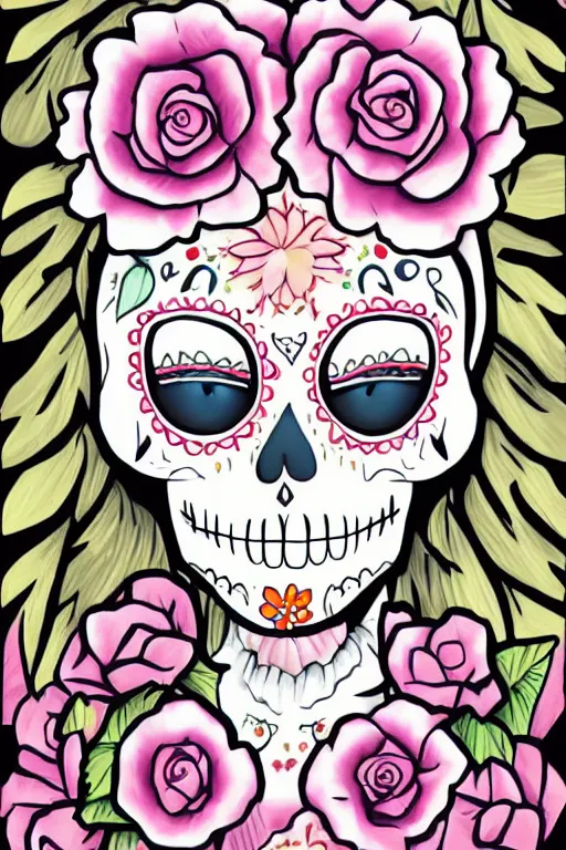 Prompt: illustration of a sugar skull day of the dead girl, art by kelogsloops