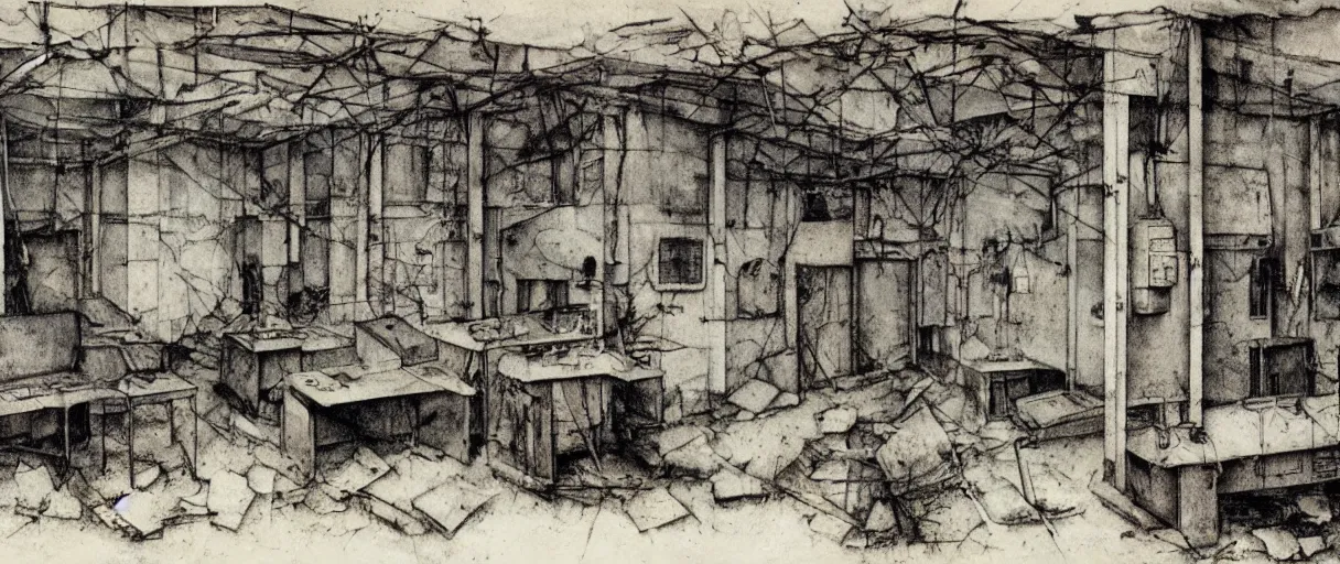 Image similar to abandoned laboroatory from cold war era, room full of cold war era computers, nuclear shelter, top secret industrial facillity, faded out colors, highly detailed muted colors, illustration by albrecht durer, fine art sketch