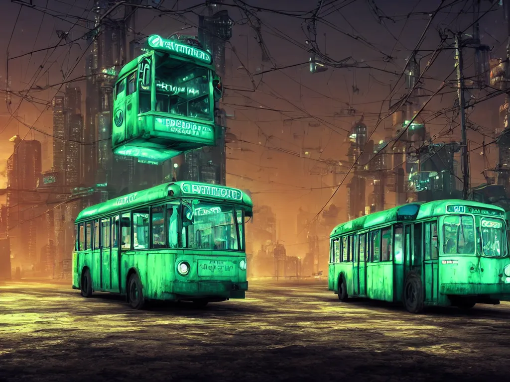 Image similar to an old shabby green trolleybus stands at a stop on the other planet, headlights shine with neon light, in the background in the distance the earth, atmospheric, futuristic, cyberpunk, ray tracing global illumination, 8 k resolution, ultra detailed