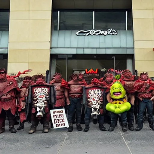 Prompt: orcs standing outside of a McDonald’s, protesting, the working conditions