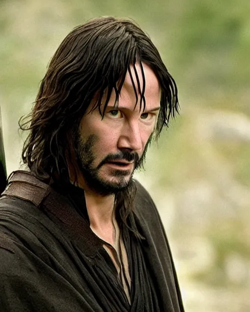 Image similar to Keanu reeves in a role of aragorn