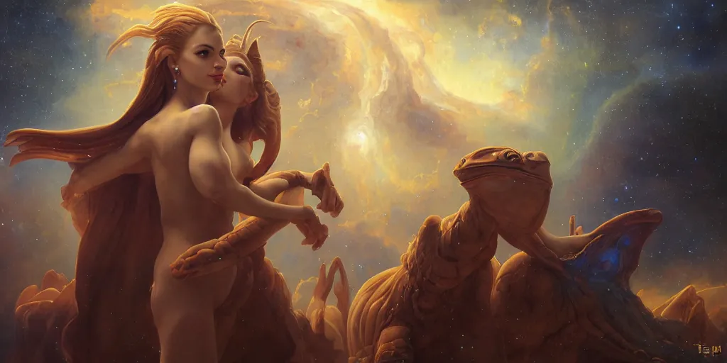 Prompt: oil portrait painting, majestic beautiful females, hybrid atlantean elsa jean fantasy warrior, epic, great leviathan anubis turtle, glowing lights, stellar space, nebula, cosmic universe, etheric regal, refined, birds eye view, theophanic atmosphere, digital art, airbrush, william - adolphe bouguereau, michael whelan, unreal engine, 8 k hd