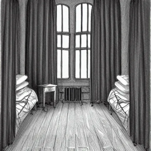 Prompt: hogwarts boy dormitory with rows of beds early in the morning, sun shining behind closed curtains, realistic and detailed pencil drawing