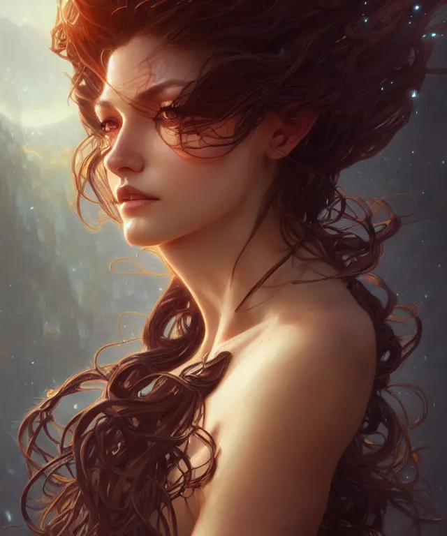 Prompt: nature woman portrait, sci-fi, amber eyes, face, long hair, fantasy, intricate, elegant, highly detailed, digital painting, artstation, concept art, smooth, sharp focus, illustration, art by artgerm and greg rutkowski and alphonse mucha