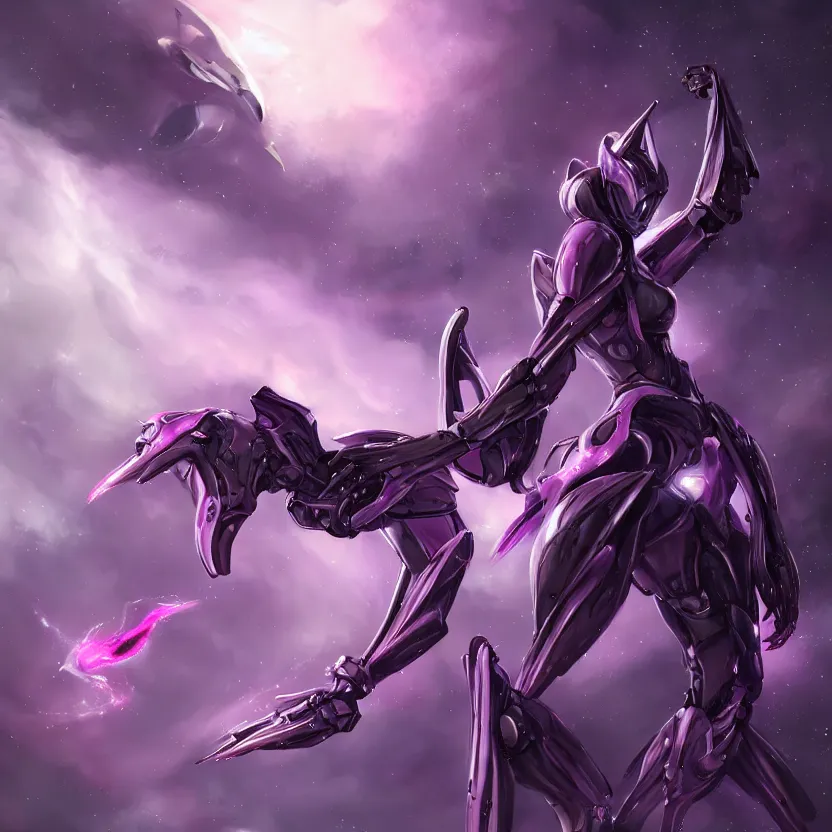 Image similar to cinematic front shot, cosmic sized proportional stunning beautiful hot female warframe, detailed robot mecha female dragon head, metal ears purple eyes, sleek silver armor, fuschia skin, floating in empty space, nebula sized, posing elegantly, epic proportions, epic size, epic scale, furry art, dragon art, giantess art, warframe fanart, furaffinity, deviantart