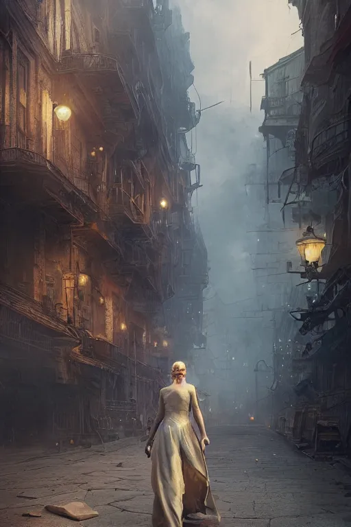 Prompt: a portrait of Jenifer Lawrence walking down the street of a steampunk city by Greg Rutkowski, Sung Choi, Mitchell Mohrhauser, Maciej Kuciara, Johnson Ting, Maxim Verehin, Peter Konig, final fantasy , mythical, 8k photorealistic, cinematic lighting, HD, high details, atmospheric,