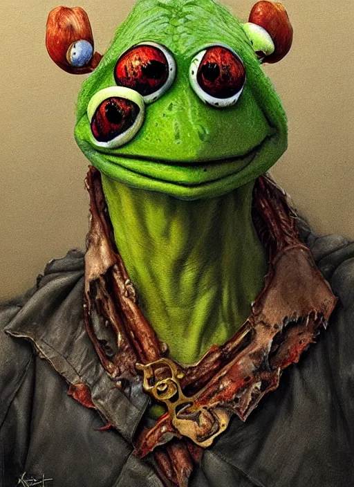 Image similar to portrait of Kermit the frog in Evil Dead (2013), highly detailed, centered, solid color background, digital painting, artstation, concept art, smooth, sharp focus, illustration, artgerm, donato giancola, Joseph Christian Leyendecker, Les Edwards, Ed Repka, WLOP