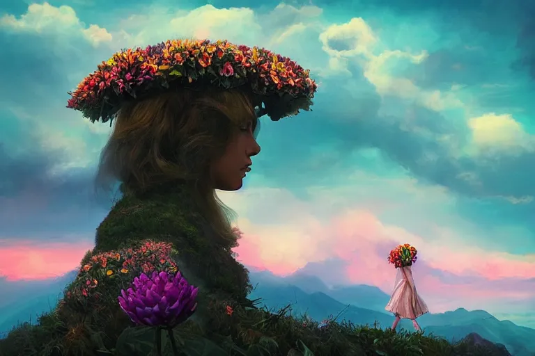 Image similar to giant dahlia flower crown under head, girl walking on mountain, surreal photography, colorful storm clouds, dramatic sunset, impressionist painting, digital painting, artstation, simon stalenhag