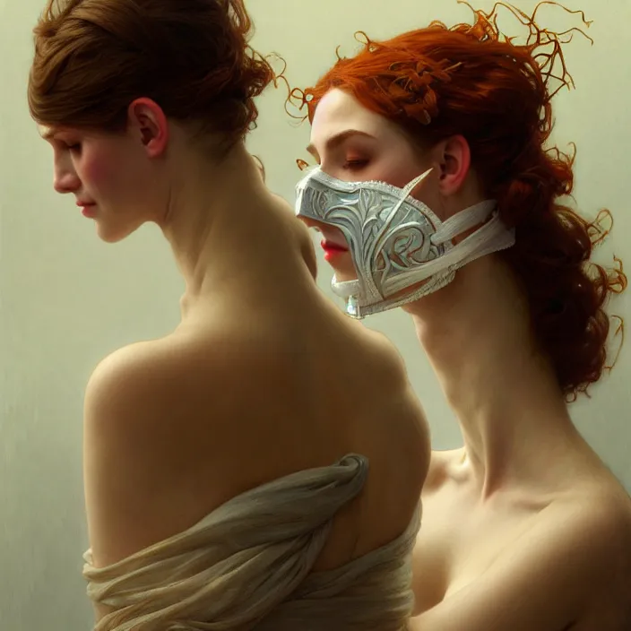 Image similar to removing mask under another mask, diffuse lighting, fantasy, intricate, elegant, highly detailed, lifelike, photorealistic, digital painting, artstation, illustration, concept art, smooth, sharp focus, art by John Collier and Albert Aublet and Krenz Cushart and Artem Demura and Alphonse Mucha