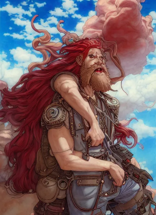 Image similar to prompt : ragnarok online portrait soft light painted by james jean and katsuhiro otomo and erik jones, inspired by akira anime, epic fantasy, a long red haired, red bearded male sky - pirate in front of an airship, intricate oil painting, high detail illustration, sharp high detail, manga and anime 1 9 9 9