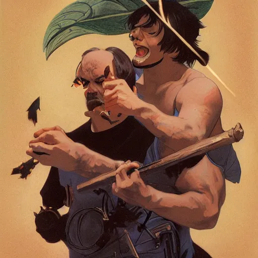 Image similar to steve buscemi fighting jack black, halloween night, finely illustrated pale mask, moon light, shrubs, highly detailed, colored pencil, gainax, tankobon, in the style of ilya kuvshinov and yoshiyuki sadamoto and william - adolphe bouguereau and alphonse mucha