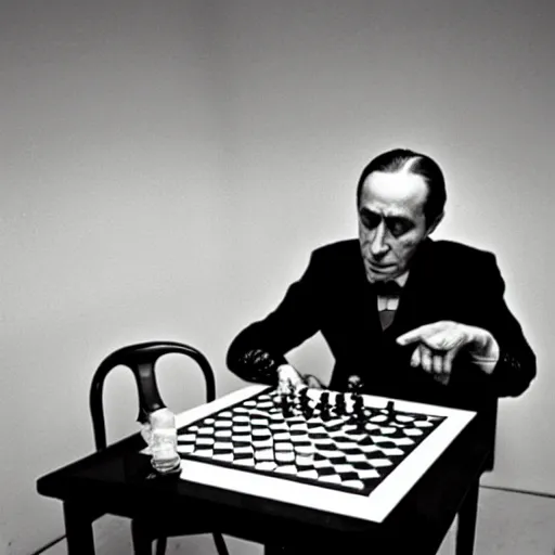 Prompt: a filmstill of Marcel Duchamp playing chess, reuters by Trent Parke