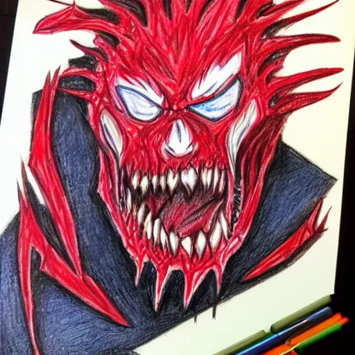 Prompt: fan art of carnage, 6 year old, crayons, paper,