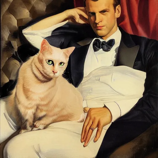 Image similar to portrait of macron reclining on the sofa, petting a cat, black suit, by j. c. leyendecker, tamara de lempicka