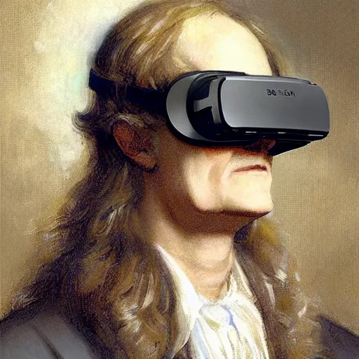 Prompt: portrait of isaac newton using a vr googles oculus rift, artwork by gaston bussiere, craig mullins, trending on artstation