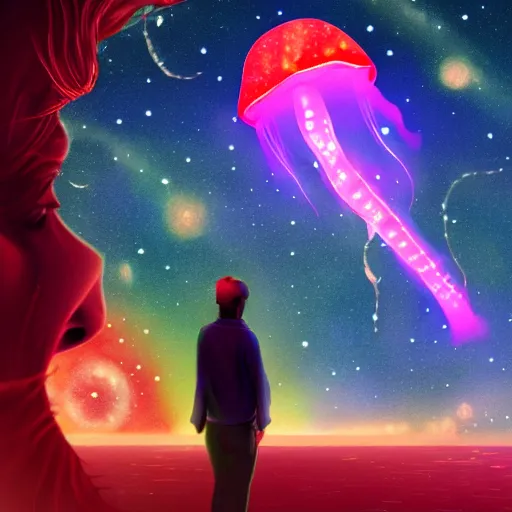 Image similar to over the shoulder photo of a man watching a magic glowing jellyfish in glowing cosmic stardust, colorful stars, galaxies, space, award winning photo, intricate, high detail, atmospheric, desolate, artstation