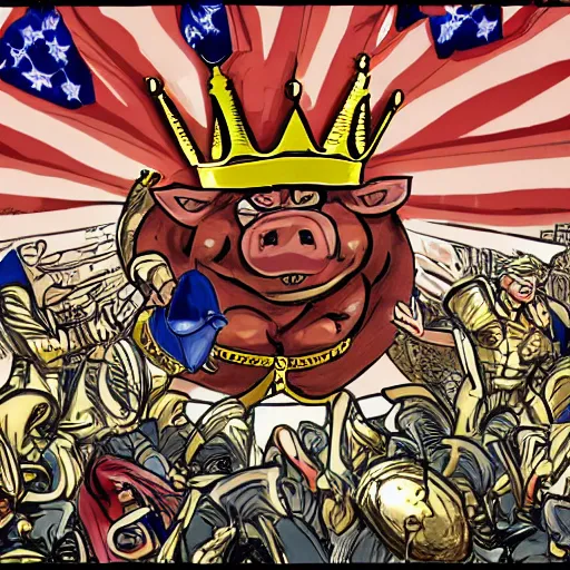 Prompt: a muscular pig wearing a gold crown fighting uncle sam in a city